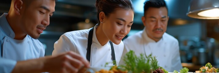 Asian chefs perfecting culinary creations in a professional restaurant kitchen