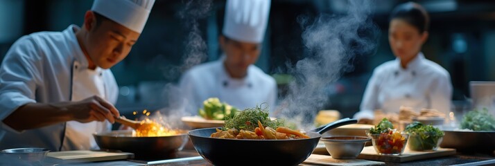 Caucasian and asian young chefs cooking in professional kitchen