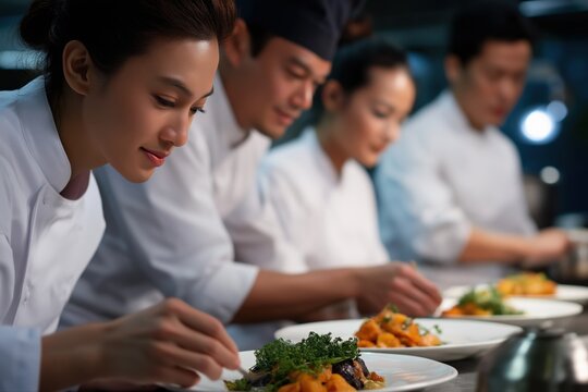Asian culinary team preparing dishes in professional kitchen with precision and care