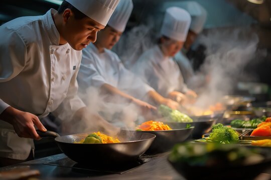 Asian male chefs cooking with steam in a professional restaurant kitchen