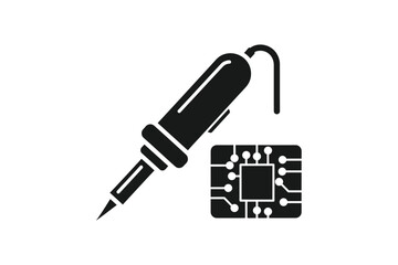 Soldering iron and microchip isolated on white background for electronics repair and circuit board assembly projects