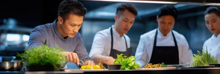 Asian male chef and team preparing dishes in professional kitchen
