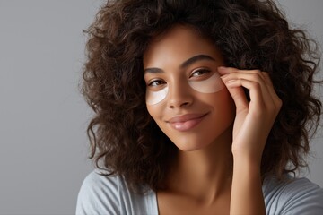 Smiling young african female applying under-eye patches for skincare routine