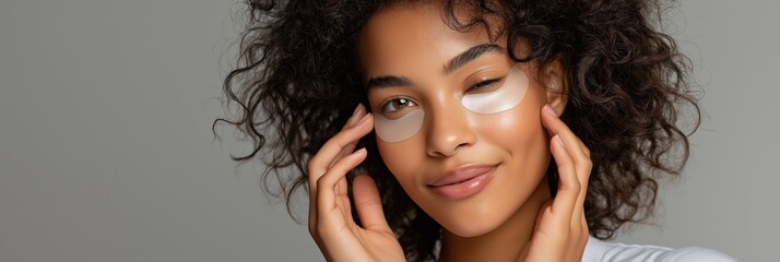 Young african female applying under-eye patches for skincare and beauty routine