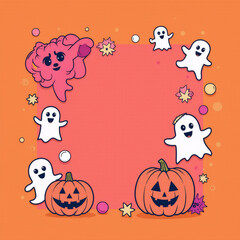 Colorful pop art Halloween banner with orange and pink tones, cartoon ghosts and candy pumpkins, designed for cheerful seasonal promotions