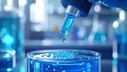A scientist is precisely dropping blue liquid into a dish