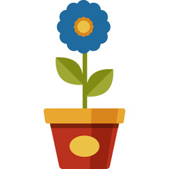 Flat Blue Flower in Red Pot with Yellow Center and Green Leaves on Transparent Background Simple Illustration