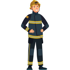 Full Body Pixel Art Illustration of a Smiling Firefighter in Uniform Standing with Hands on Hips Against a Transparent Background