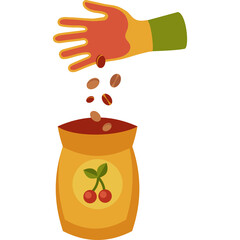 Gardening hand wearing orange and yellow glove planting seeds into a yellow bag with red cherries and green leaves illustration on transparent background