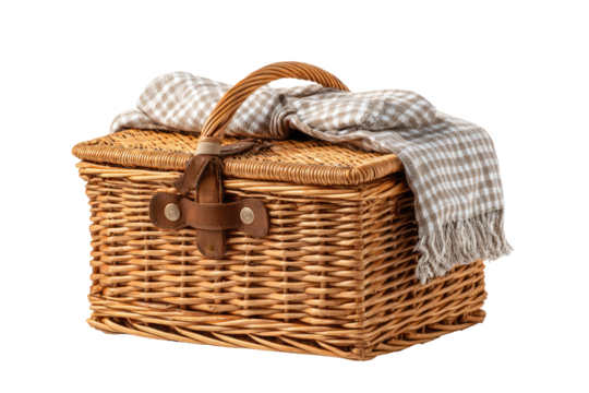 Wicker picnic basket with plaid blanket