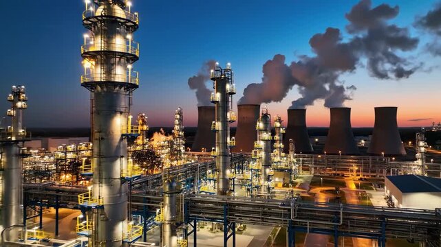 Aerial view of an illuminated industrial oil refinery at dusk. A flare stack burns brightly as smoke rises from cooling towers. Energy production and fossil fuel industry