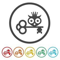 Owl with key and crown logo. Set icons in color circle buttons