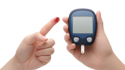 Checking blood sugar level with a device and finger, created AI, PNG