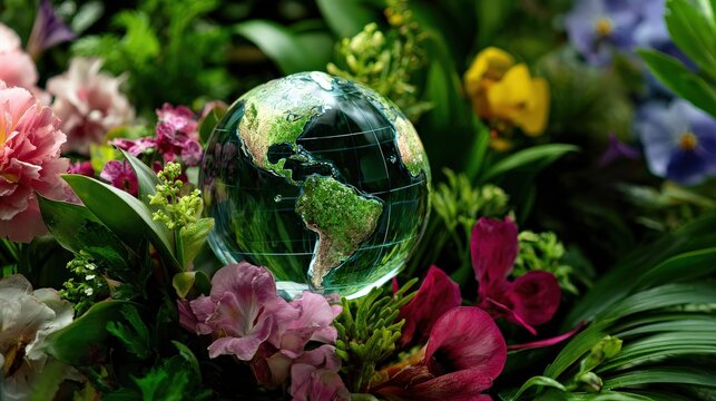 A crystal globe surrounded by vibrant flowers symbolizes the beauty of nature and global unity.