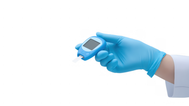 Blue-gloved hand holds blood sugar meter, created AI, PNG