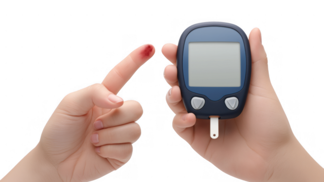 Checking blood sugar level with a device and finger, created AI, PNG