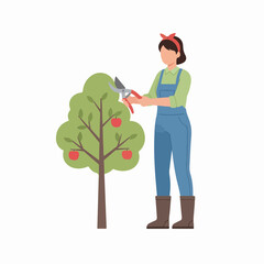 Young woman pruning apple tree branches in sunny orchard with care