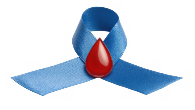 Red drop on blue ribbon for diabetes awareness, created AI, PNG