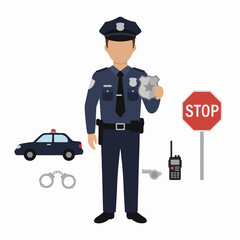 Police officer with badge, car, handcuffs, stop sign, radio, and whistle