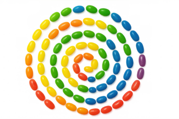 Jelly beans forming a colorful rainbow spiral pattern, sweet candy food creating a vibrant background