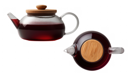 Glass teapot of warm, spiced red mulled wine, created AI, PNG