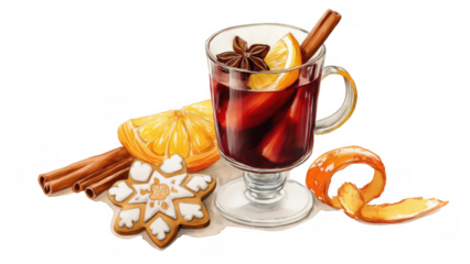 Warm spiced drink served with orange slices and cookies, AI, PNG