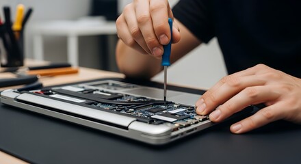 Closeup of a technician repairing a laptop with a screwdriver.