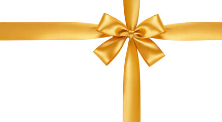 Fototapeta premium A beautiful golden satin gift ribbon bow tied in a horizontal cross shape Isolated on transparent background