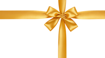 A beautiful golden satin gift ribbon bow tied in a horizontal cross shape Isolated on transparent background