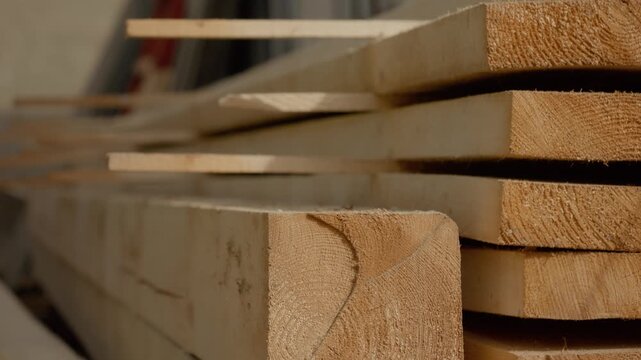 Wooden beams are stacked and left to dry in a storage area. The drying process is essential for ensuring the quality and durability of the wood for future use.