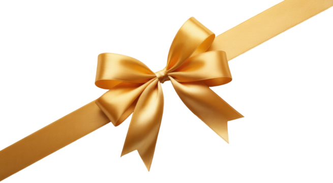 Gold satin gift bow on a diagonal ribbon for celebration Isolated on transparent background