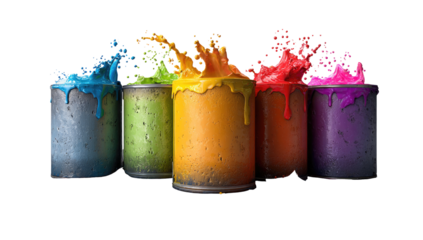 Colorful paint cans with vibrant splashes