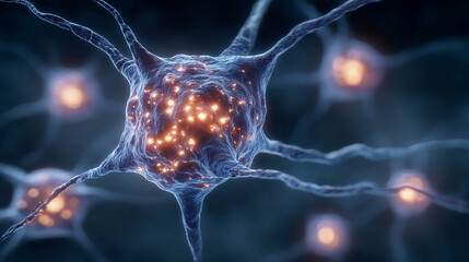 Glowing neurons on a dark background. Connectivity of neural connections in the brain.