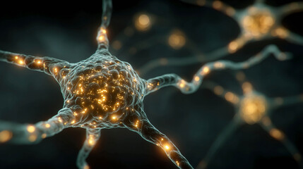 Glowing neurons on a dark background. Connectivity of neural connections in the brain.