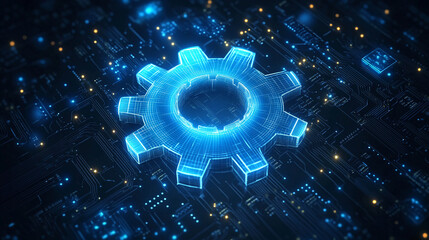 A gear wheel on a circuit board. The wheel is glowing neon blue.
