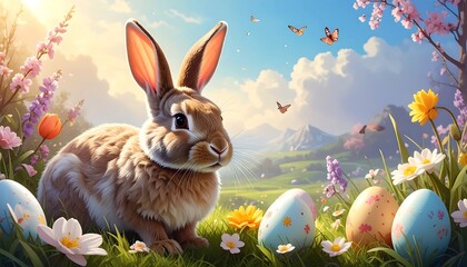 Adorable bunny sits amidst painted eggs in a spring meadow