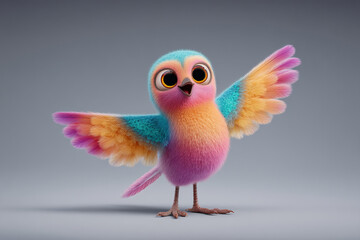 Obraz premium Cute cartoon bird with vibrant feathers outstretched, standing against a neutral backdrop, radiating joy and inviting interaction.