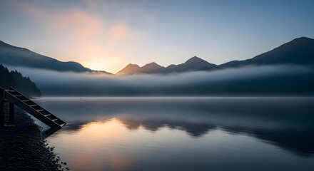 Misty Mountain Lake Sunrise Reflection with Wooden Dock and Serene Atmosphere