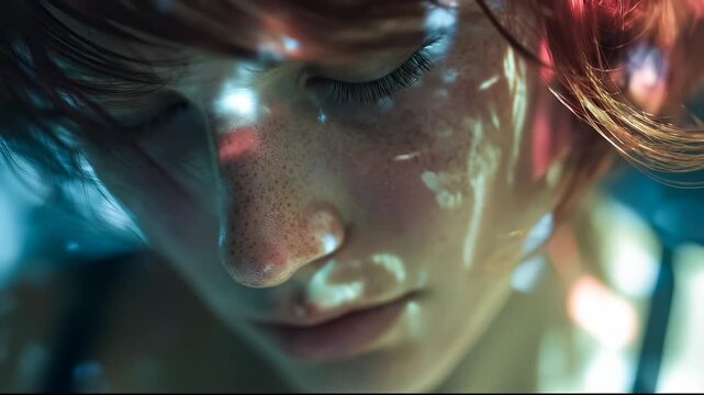 The woman's face shows reflections of light and light patterns, casting a glow over the woman's features. Her closed eyes and light highlight a serene expression.