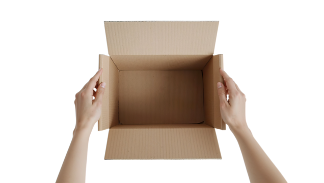 Transparent Png of Hands Opening an Empty Cardboard Shipping Box from a High angle Top down Perspective, Ideal for Packaging and Delivery Concepts
