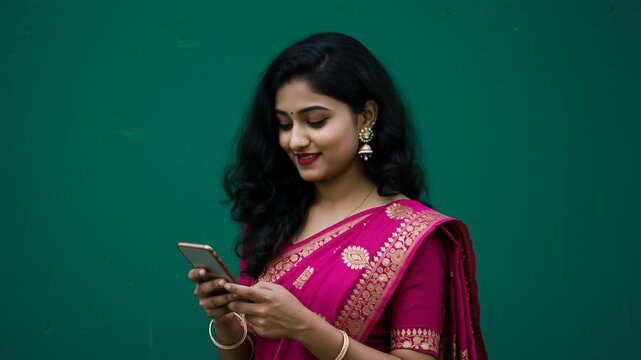 Young woman pink sari holding smartphone smiling thoughtfully against green wall with gentle confident smile traditional jewelry bindi Indian long