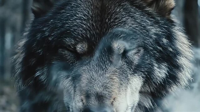 Intense gaze of a wolf in a winter forest, capturing raw wilderness and primal power