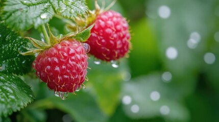 Close up of two ripe raspberries on a plant.