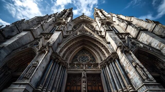 The cathedral's facade features gothic arches and intricate carvings, with gothic statues flanking the entrance. The gothic structure rises, showcasing gothic details against the s