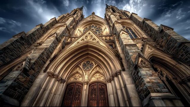 The cathedral's arches and stonework highlight intricate designs on the cathedral facade. Towering spires on the cathedral rise against the sky, emphasizing the ornate stonework.