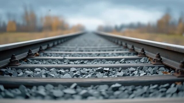 Parallel steel railway tracks stretching into distance between autumn trees with yellow leaves, symbolizing journey, connection, and travel concept