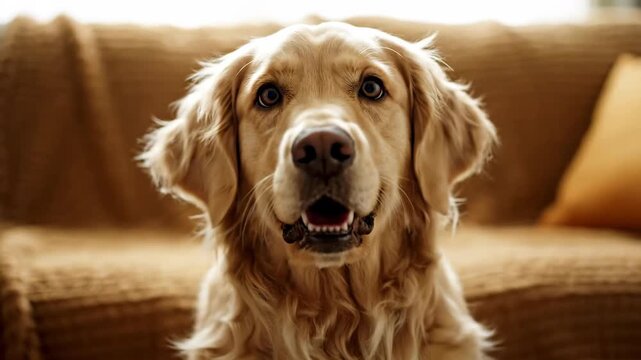 Golden Retriever Portrait Series: A charming compilation of a purebred dog, radiating warmth and affection against a cozy, light-filled home setting