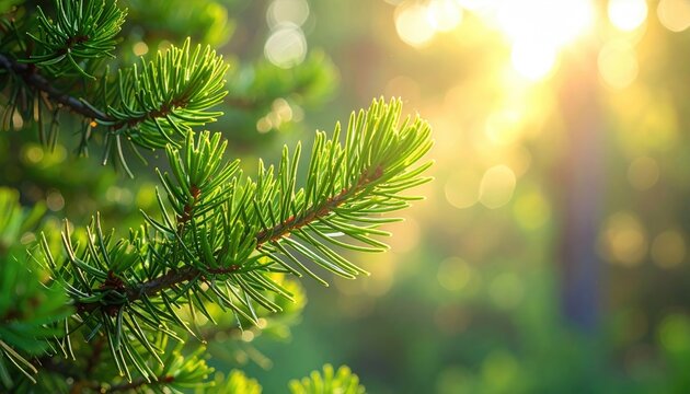 Close Up Of Evergreen Tree Needles In Bright Golden Sunlight With Bokeh Background - Powered by Adobe