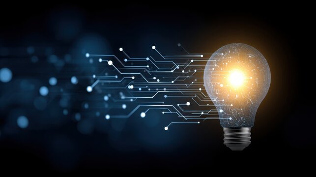 Bright Light Bulb with Digital Connections and Technology Background
