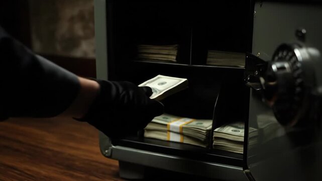 A gloved hand opens a safe full of money. A thief steals stacks of cash from a metal vault. Crime and wealth concept